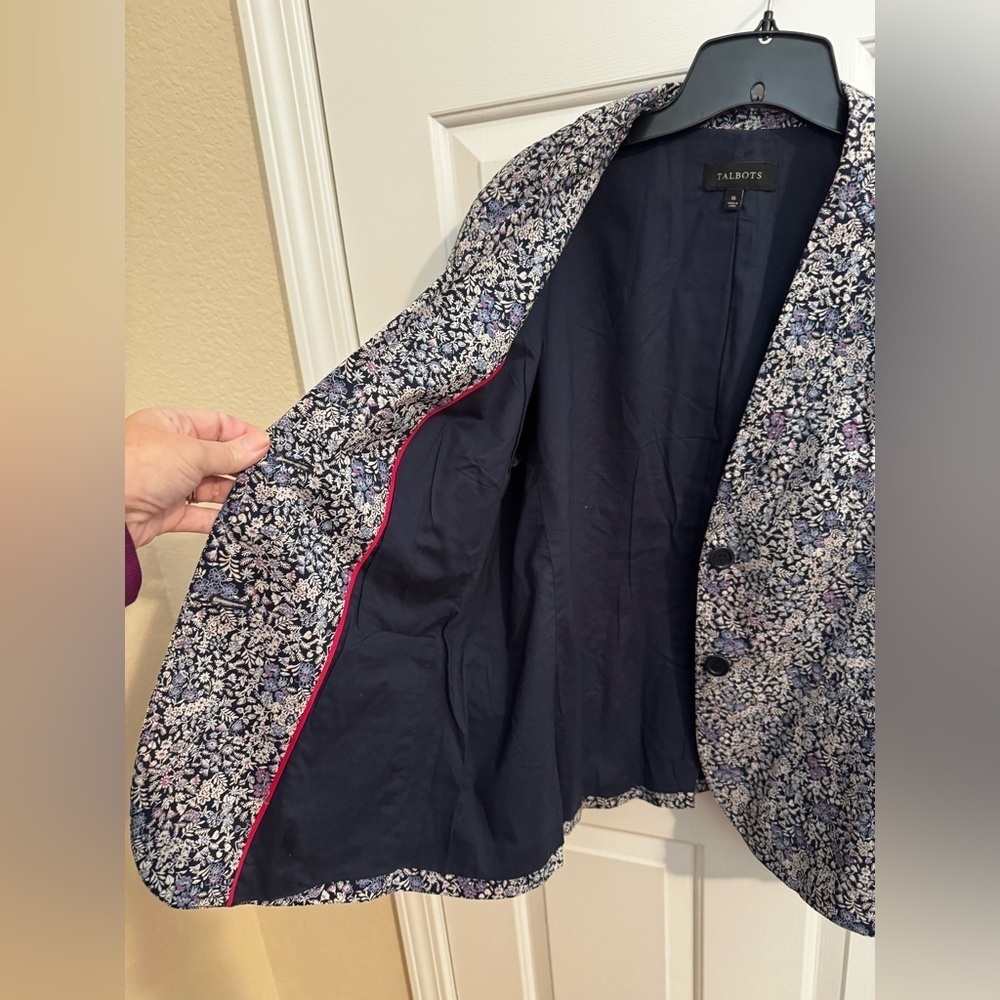 Talbots Tiny Ditsy Blue Floral Cotton Jacket Blazer Notch Collar Size 16 - Picture 8 of 12